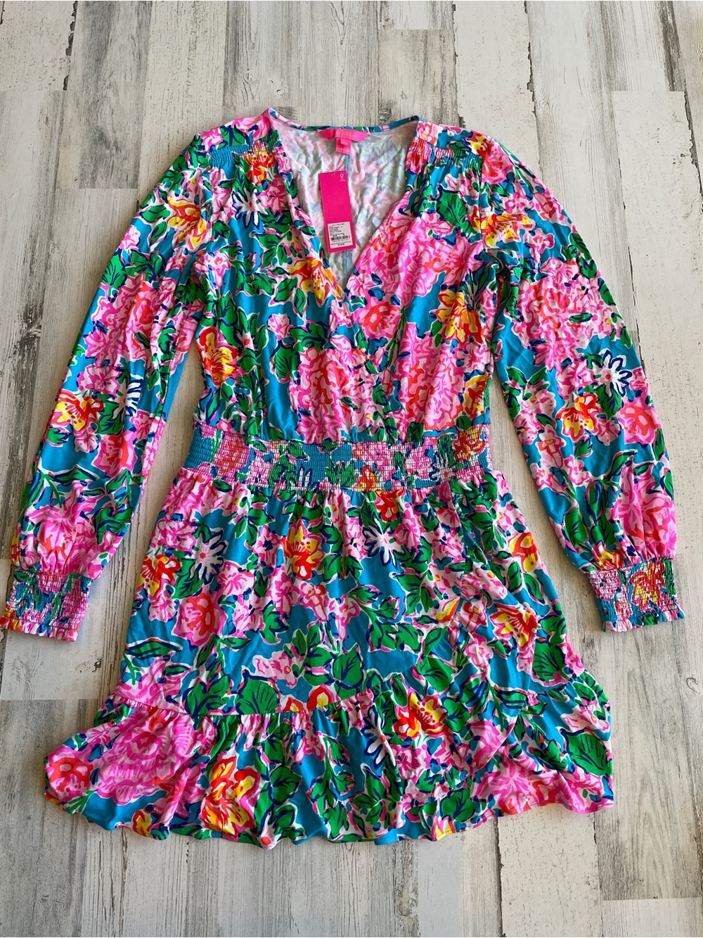 Lilly Pulitzer Peggy Romper Smocked Waist Long-Sleeve Pink & Teal SZ M $178